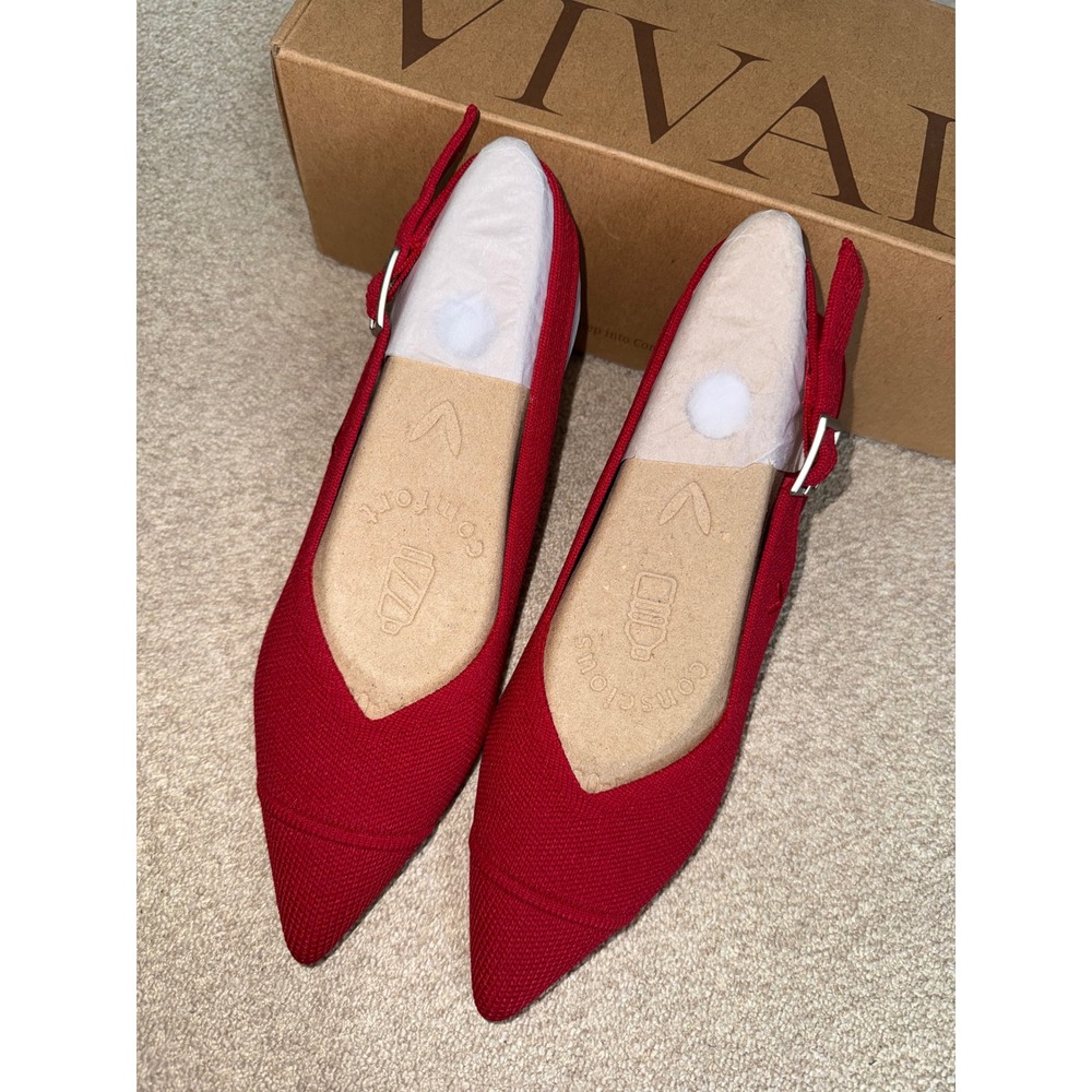 VIVAIA Red Elegant Pointed Toe Slingback Heels Knit Comfort Pumps EU/37 US/6.5 - Picture 6 of 11